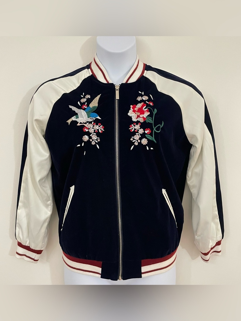 Vibrant Embroidered Velvet Bomber Jacket Satin Raglan Sleeves Size L